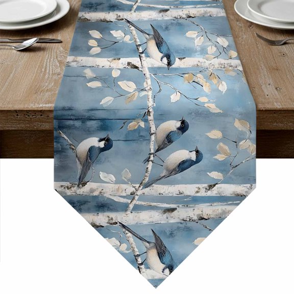 Teal Oil Painting Forest Table Runner Linen Burlap Table Runner 72 Inches Long Vintage Birds Farmhouse Dresser Scarves for Kitchen Island Coffee Dining Party Wedding Banquet Holiday Decor 13"x72"