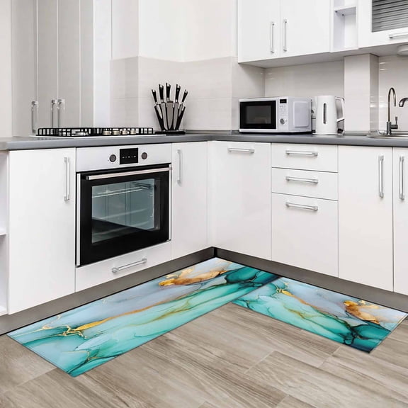 Teal Ombre 2 Pieces Non-Slip Kitchen Mat Set Modern Ink Painted Abstract Marble Soft Door Mat with Rubber Backing,Dirtproof Rugs for Entrance Doorway 20x24in+20x48in