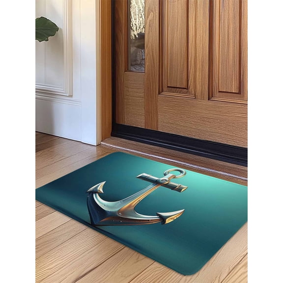 Teal Ombre Anchor Door Mat&nbsp;Indoor Outdoor Entrance, Non Slip Rug for Kitchen Bathroom Entryway Rug, Coastal Nautical Metal Luster Anchor Washable Doormat Floor Mat for Office 20x31.5 Inch