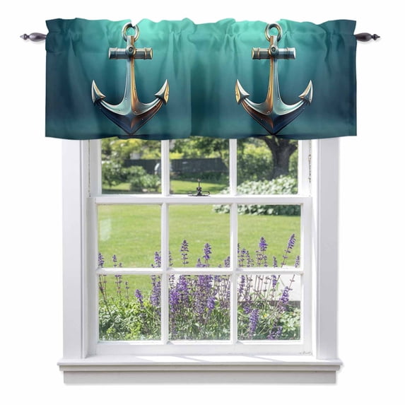 Teal Ombre Anchor Kitchen Curtain Valances for Windows Farmhouse Short Curtains, Coastal Nautical Metal Luster Anchor Rod Pocket Valance Curtain for Bedroom Cafe Living Room 54"x18"