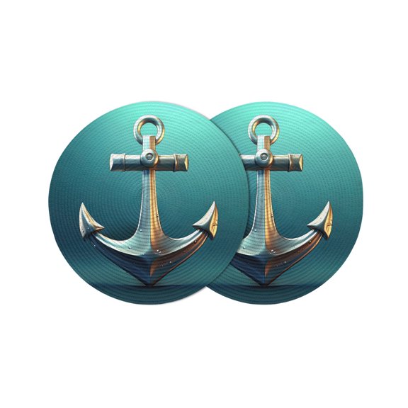 Teal Ombre Anchor Round Placemats Set of 2 for Dinning Tables,Heat-proof Braided Table Mats 13 Inch,Coastal Nautical Metal Luster Anchor Washable Place Mat for Kitchen Restaurant Party Table Decor