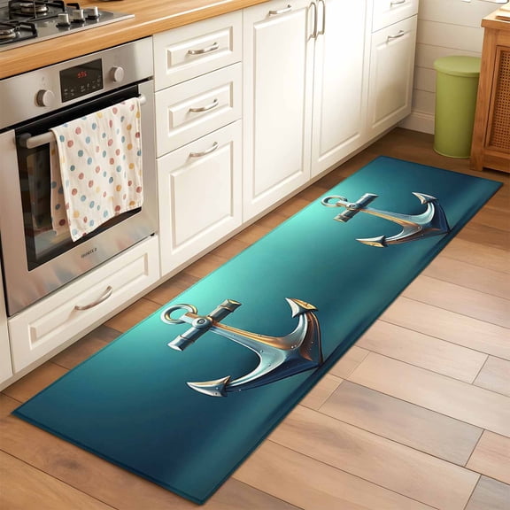 Teal Ombre Anchor Runner Rug 2x6 FT, Non Slip Hallway Carpet, Coastal Nautical Metal Luster Anchor Washable Soft Floor Carpet Throw Runner Carpet Long Rug for Entryway Kitchen Bedside Sliding Door