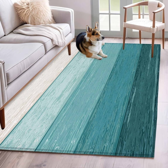 Teal Ombre Area Rug 4x6 FT, Non Slip Kids Room Carpet, Farmhouse Vintage Wooden Striped Washable Soft Floor Carpet Non-Shedding Throw Rug for Dorm Kitchen Study Room Home Office Bedside