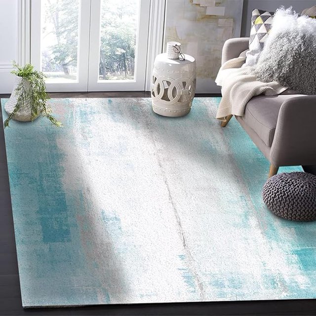 Teal Ombre Area Rugs, Modern Geometric White Indoor Carpet, Decorative