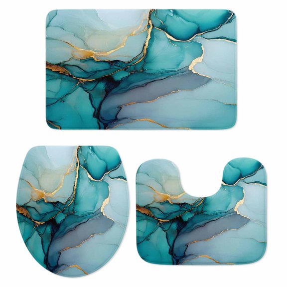 Teal Ombre Bath Mat 3 Piece Bathroom Rug Set, Modern Marble Ink Painted Abstract Non Slip Bath Rug Contour Mat and Toilet Lid Cover, Absorbent Shower Mats Soft Bath Rugs and Mats Sets