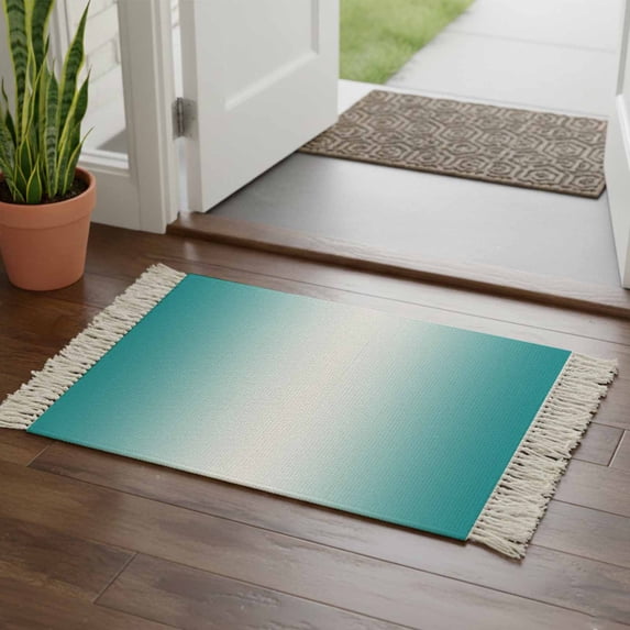 Teal Ombre Bathroom Rug 2'x3', Turquoise White Gradient Modern Abstract Art Low Profile Front Entryway Rug with Tassels, Woven Cotton Washable Kitchen Mat Carpet for Foyer Bedroom Back Door Decor