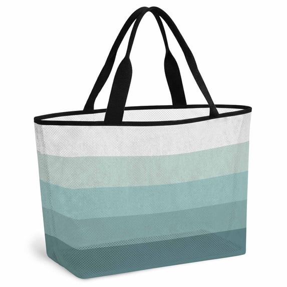 Teal Ombre Beach Bag for Women, Large Breathable Mesh Beach Tote Bag, Modern Abstract Art Farmhouse Striped Sandproof Lightweight Travel Bags for Vacation Picnic Swimming Pool 15.7"x15.7"x9.1"