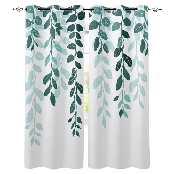Teal Ombre Botanical Blackout Curtains 45 Inches Long for Bedroom, Watercolor Pastoral Leaf Thermal Insulated Room Darkening Black Out Window Curtain Panels Grommet Drapes for Living Room