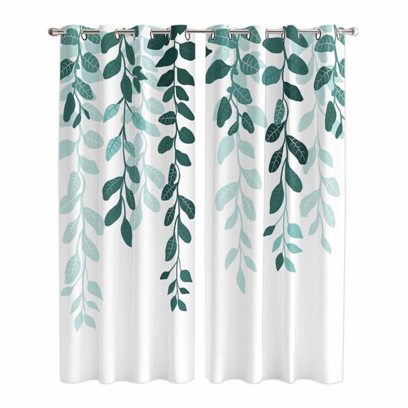 Teal Ombre Botanical Kitchen Curtains 84 Inch Length, Watercolor Pastoral Leaf Grommet Top Bedroom Living Room Curtains, Light Filtering Cafe Curtain Drapes 2 Panels Set 84''x84''