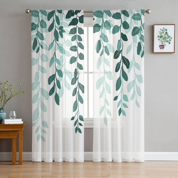 Teal Ombre Botanical Sheer Curtains 63 Inches Length 2 Panels Set, Window Sheer Curtains for Living Room/Bedroom, Watercolor Pastoral Leaf Light Filtering Rod Pocket Curtain 52'' x 63'' x 2