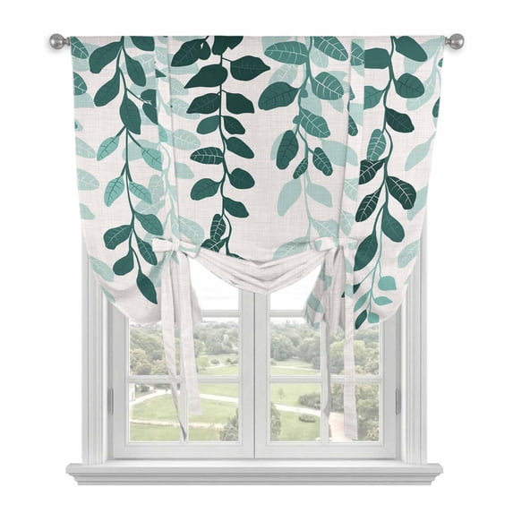 Teal Ombre Botanical Tie Up Curtains for Kitchen Windows,Adjustable Rod Pocket Valance 45 Inch Short, Watercolor Pastoral Leaf Farmhouse Window Treatment Balloon Roman Blind Shade, 52" x 45"