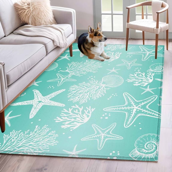 Teal Ombre Coastal Area Rugs 3'x5', Washable Small Throw Rugs for Living Room Bedroom, Nautical Beach Starfish Coral Summer Indoor Outdoor Rug Non-Slip Low Pile Carpet Runner Reversible Floor Mats