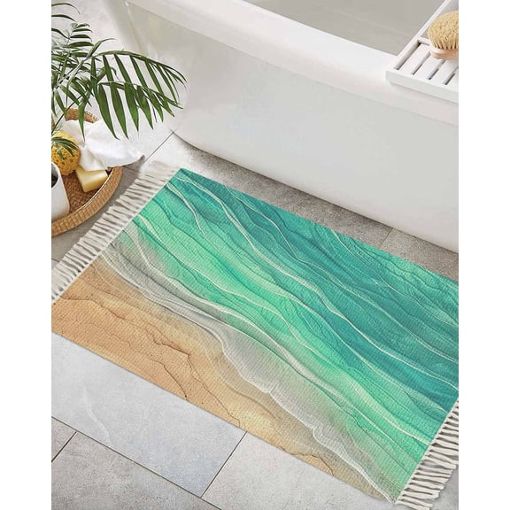 Teal Ombre Coastal Bath Rug 2x3ft Woven Bathroom Entryway Runner Rug,Summer Nautical Beach Ocean Seaside Washable Living Room Hallway Bedroom Kitchen Carpet with Tassels,Indoor Outdoor Throw Doormat