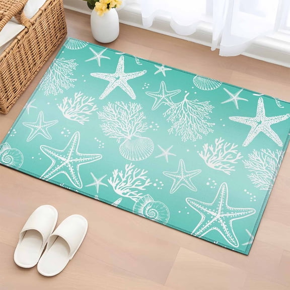 Teal Ombre Coastal Entryway Rug 2'x3' Non Slip Front Door Mats, Nautical Beach Starfish Coral Summer Entrance Rugs Indoor Outdoor Carpet, Washable Floor Mats Small Area Rug for Bedroom Kitchen