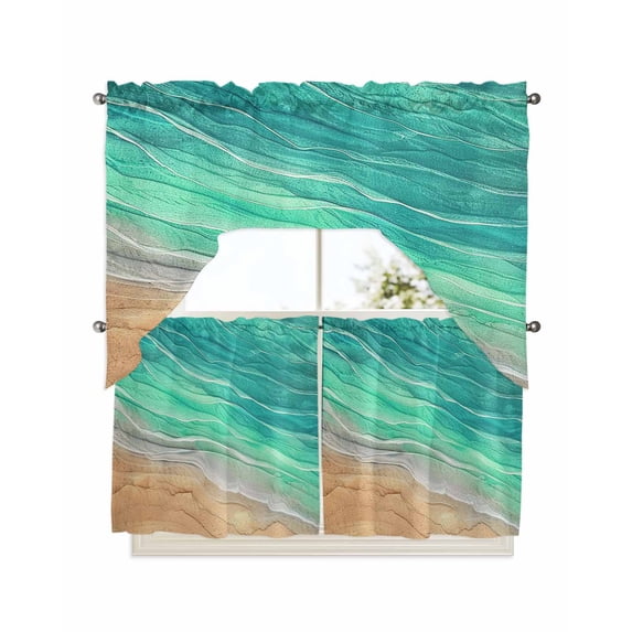 Teal Ombre Coastal Kitchen Curtains Swag Valance and Tier Curtains Set 24 Inch Length, Summer Nautical Beach Ocean Seaside Rod Pocket Drape Panels Pair Swag Curtains for Bathroom/Cafe/Window