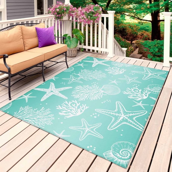 Teal Ombre Coastal Outdoor Rug 4x6 Ft, Non Slip Washable Area Rug, Nautical Beach Starfish Coral Summer Patio Rugs Carpet Runner, Large Floor Mat for Indoor/Outdoor Deck Porch Camping