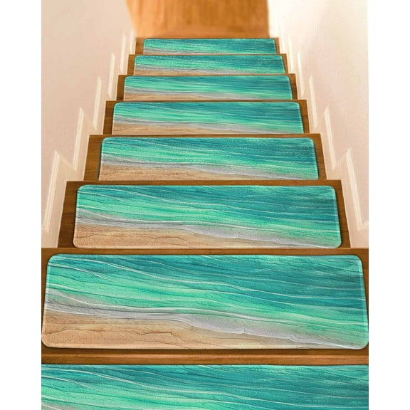 Teal Ombre Coastal Stair Treads for Wooden Steps Indoor Runner Rug Carpet, Summer Nautical Beach Ocean Seaside 4 Pieces Peel and Stick Staircase Step Treads Covers Washable Throw Door Mats, 30"x8"
