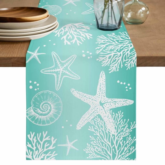 Teal Ombre Coastal Table Runner, Nautical Beach Starfish Coral Summer Washable Cotton Linen Table Runners 90 Inches Long, Dresser Scarf Runner for Dining/Coffee/Kitchen/Hallway Tables 13''x90''