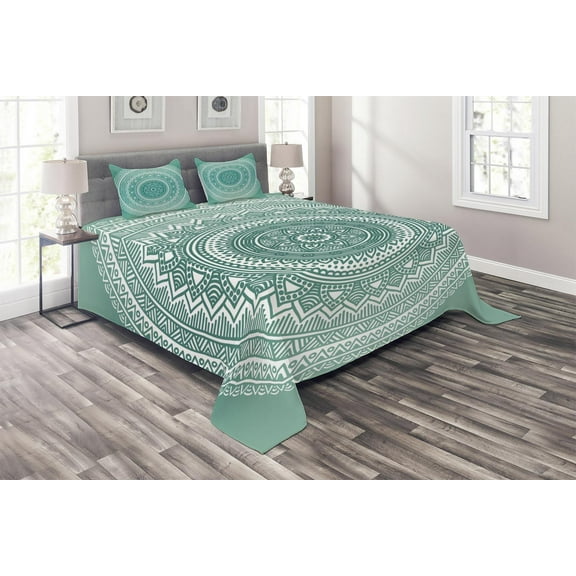 Teal Ombre Coverlet Set Queen Size, Mandala Pattern Boho Style Floral Dots and Stripes with Petals Ethnic Print, Quilted 3 Piece Decor Bedspread Set with 2 Pillow Shams, Teal and White, by Ambesonne