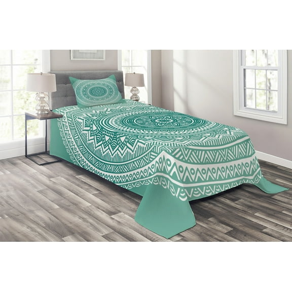 Teal Ombre Coverlet Set Twin Size, Mandala Pattern Boho Style Floral Dots and Stripes with Petals Ethnic Print, Quilted 3 Piece Decor Bedspread Set with Pillow Sham, Teal and White, by Ambesonne