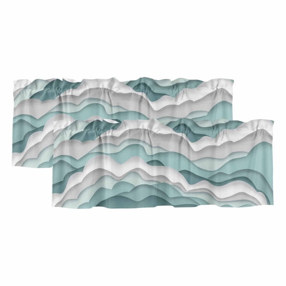 Teal Ombre Curtain Valances for Windows, Kitchen Valance Window Treatments Panel 2 Pack, Modern Geometric Moire Abstract Art Rod Pocket Short Curtains for Bathroom Bedroom 42 x 12 Inch