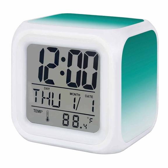 Teal Ombre Digital Alarm Clock for Bedrooms,Smart LED Alarm Clock with 7 Color Night Light,Turquoise White Gradient Modern Abstract Art Silent Wake Up Clocks for Sleep Study Cooking 3.2"x3.2"