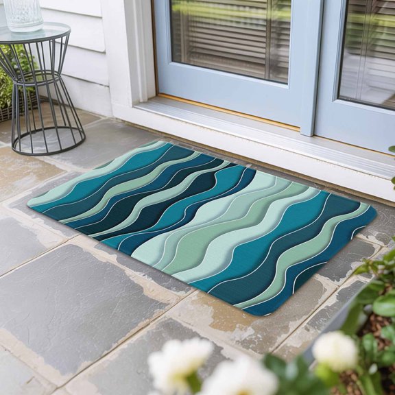 Teal Ombre Door Mat Indoor Outdoor, Abstract Art Moire Ocean Waves Non Slip Welcome Mat with Rubber Backing, Absorbent Fabric Front Door Mats Entryway Rug for Home Patio Entrance 20"x31.5"
