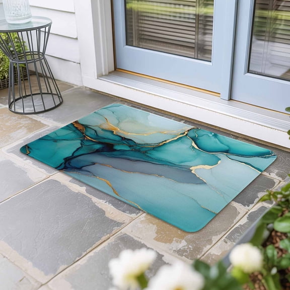 Teal Ombre Door Mat Indoor Outdoor, Modern Marble Ink Painted Abstract Non Slip Welcome Mat with Rubber Backing, Absorbent Fabric Front Door Mats Entryway Rug for Home Patio Entrance 24"x36"