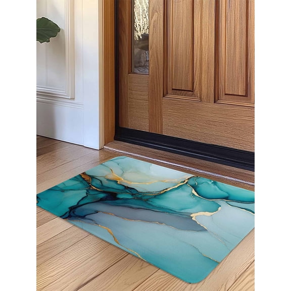Teal Ombre Door Mat Indoor Outdoor Entrance, Non Slip Rug for Kitchen Bathroom Entryway Rug, Modern Marble Ink Painted Abstract Washable Doormat Floor Mat for Office Home Decor 24x36 Inch