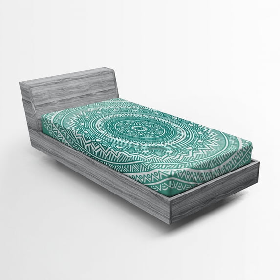 Teal Ombre Fitted Sheet, Mandala Pattern Boho Style Floral Dots and Stripes with Petals Print, Soft Decorative Fabric Bedding, Twin Size, Teal and White, by Ambesonne