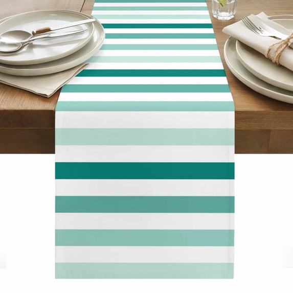 Teal Ombre Grey Striped Table Runner - 90 Inch Long, Kitchen Dining Table Runner Dresser Scarves, Farmhouse Stripe Modern Farmhouse Decor for Coffee Tables Wedding Party Banquet