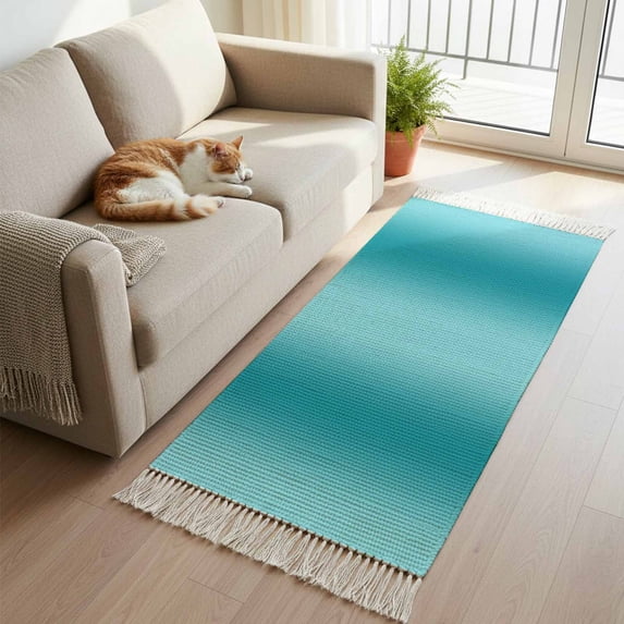 Teal Ombre Hallway Runner Rug 2'x5', Modern Abstract Art Farmhouse Gradient Washable Kitchen Runner Rug with Tassels, Laundry Room Rugs Woven Cotton Carpet for Bedroom Entryway Front Door