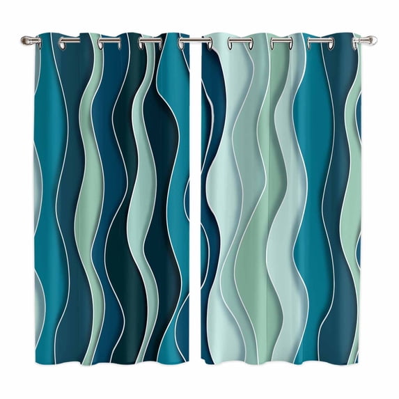 Teal Ombre Kitchen Curtains 84 Inch Length, Abstract Art Moire Ocean Waves Grommet Top Bedroom Living Room Curtains, Light Filtering Cafe Curtain Drapes 2 Panels Set 104''x84''