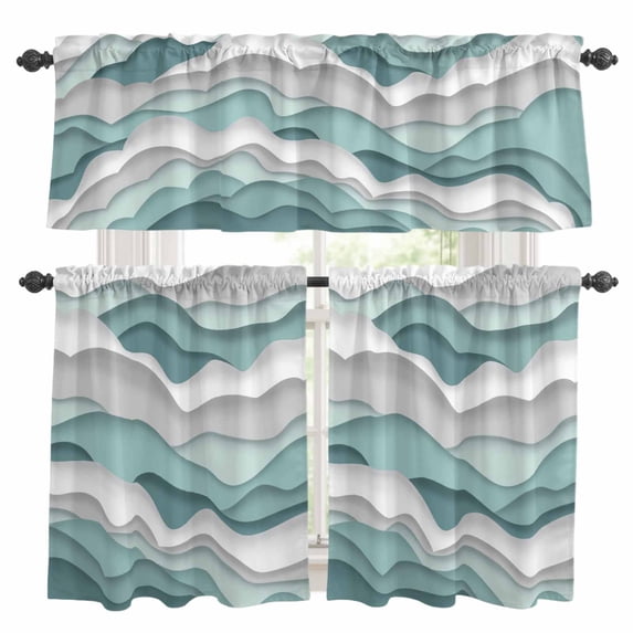 Teal Ombre Kitchen Curtains Sets for Windows 36 Inch Length, Modern Geometric Moire Abstract Art Rod Pocket Window Treatments Tier Curtains and Valances Set for Bedroom/Bathroom