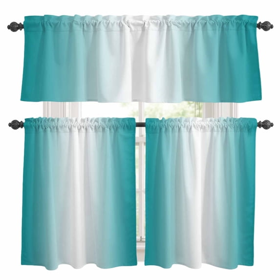 Teal Ombre Kitchen Curtains Sets for Windows 36 Inch Length, Turquoise White Gradient Modern Abstract Art Rod Pocket Window Treatments Tier Curtains and Valances Set for Bedroom/Bathroom