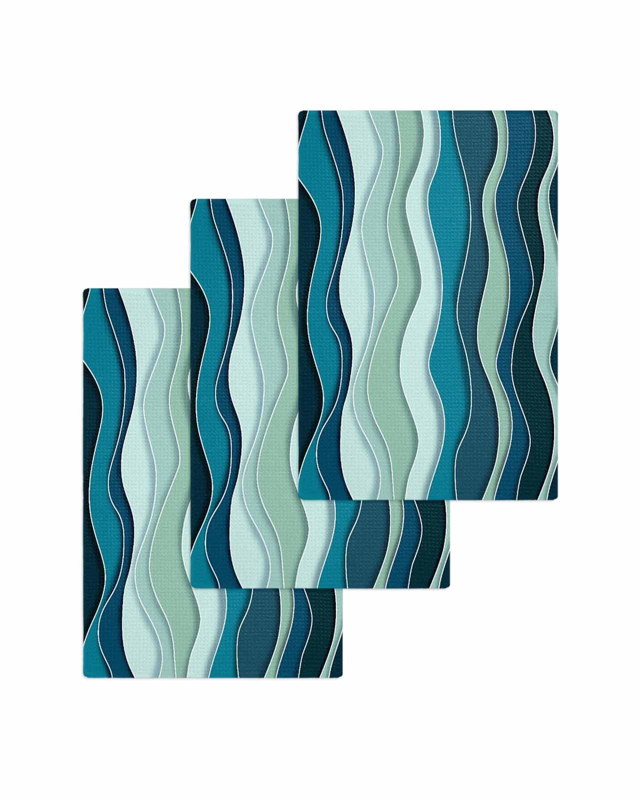 Teal Ombre Kitchen Dish Towels for Drying Dishes Set of 3, Abstract Art Moire Ocean Waves Waffle Weave Microfiber Terry Hand Tea Bathroom Towels Quick Dry & Absorbent Towel 15.7x23.6
