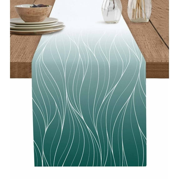 Teal Ombre Lines Burlap-Cotton Table Runner 72 Inches Long,Simple White Green Gradient Stripes Farmhouse Table Runners,Outdoor Dining Tablecloths Decor for Baby Shower Party Wedding 14x72
