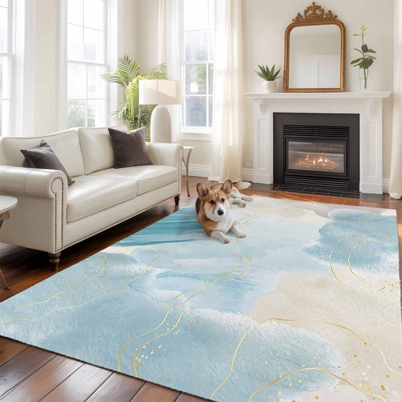 Teal Ombre Marble Area Rug 5x8 FT, Non Slip Bedroom Throw Carpet, Yellow Modern Geometric Abstract Art Washable Soft Floor Carpet Non-Shedding Rug for Living Room Nursery Dorm Office