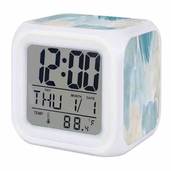 Teal Ombre Marble Digital Alarm Clock for Bedrooms,Smart LED Alarm Clock with 7 Color Changing Night Light,Yellow Modern Geometric Abstract Art Silent Wake Up Clocks for Sleep Study Cooking 3.2"x3.2"