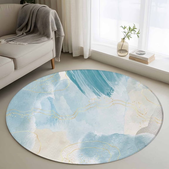 Teal Ombre Marble Round Area Rug 4 FT, Non Slip Indoor Outdoor Rug, Yellow Modern Geometric Abstract Art Washable Soft Circular Carpet Non-Shedding Floor Mat for Coffee Table Nursery Foyer Balcony