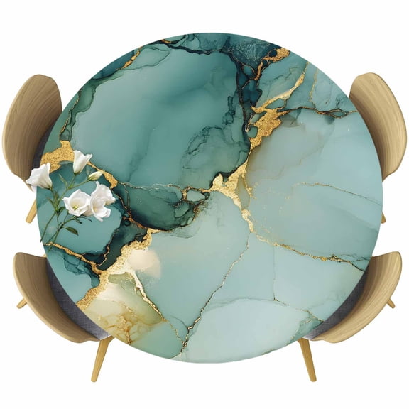 Teal Ombre Marble Round Tablecloth 36-44 Inch Round Fitted Table Cloth with Elastic Edge, Modern Ink Painting Abstract Waterproof Table Cover Protector for Outdoor Picnic Party Dining