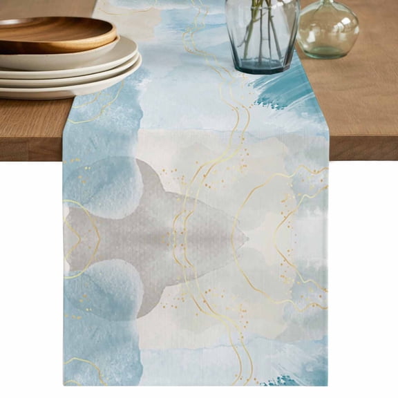 Teal Ombre Marble Short Table Runner 36 Inches Long,Yellow Modern Geometric Abstract Art Cotton Linen Table Runners Dresser Scarves,Fabric Tabletop Scarf Furniture Cover for Home Dinner Party 13"x36"