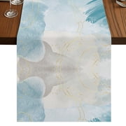 Teal Ombre Marble Table Runner 36 Inches Long, Cotton Linen Table Runner Dresser Scarf, Yellow Modern Geometric Abstract Art Short Fabric Tablerunners for Dining Tables Wedding Holiday Party 13"x36"