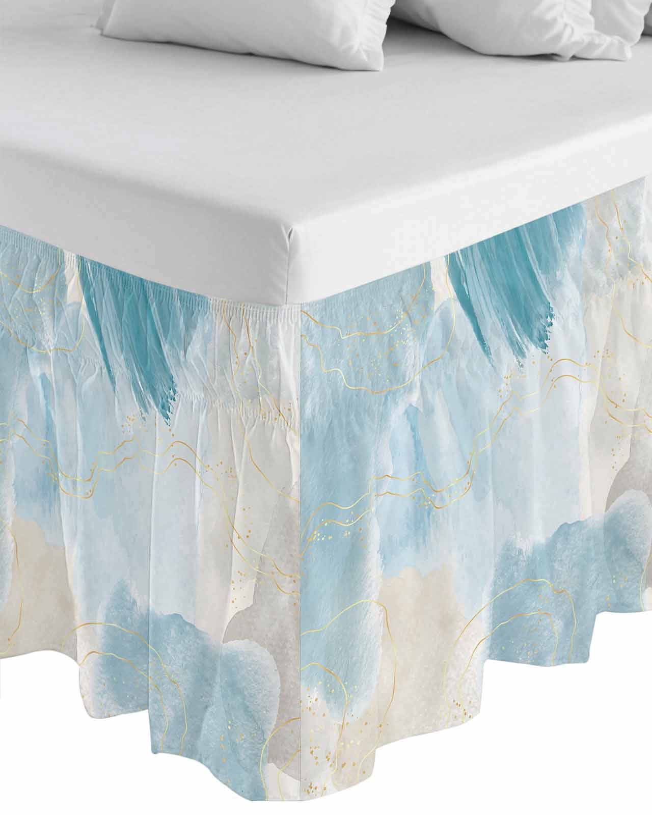 Teal Ombre Marble Wrap Around Bed Skirts for King Bed 16" Drop,Bed Skirt with Adjustable Elastic Belt Dust Ruffle Bed Valance for Bedroom Hotel Yellow Modern Geometric Abstract Art Bed Frame Cover