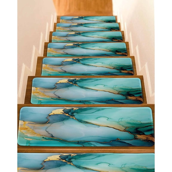 Teal Ombre Non-Slip Stair Treads for Wooden Steps, 4 Pack-8x30in Carpet Stair Mats with Adhesive Backing, Noise-Reducing Step Covers for Indoor Stairs, Easy to Install & Residue-Free
