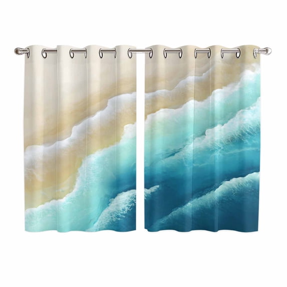 Teal Ombre Ocean Kitchen Curtains Window Panels, Summer Beach Coastal Waves Gradient Insulated Window Treatment Curtain, Grommet Curtains for Bedroom/Living Room/Bathroom, 2 Piece 52"Wx63"L