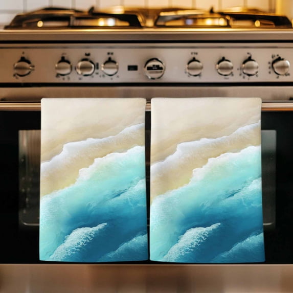 Teal Ombre Ocean Kitchen Towels Set of 1, Summer Beach Coastal Waves Gradient Absorbent Dish Towels for Kitchen, Microfiber Hand Towel, Quick Drying Tea Towel for Cleaning Decorative Dishcloths