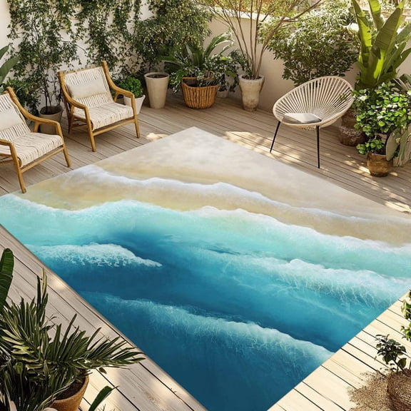 Teal Ombre Ocean Outdoor Rug for Patio/Deck/Porch, Non-Slip Large Area Rug 5 x 7 Ft, Summer Beach Coastal Waves Gradient Indoor Outdoor Rugs Washable Area Rugs, Reversible Camping Rug Carpet Runner