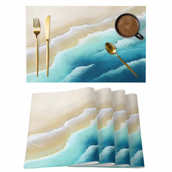 Teal Ombre Ocean Placemats Set of 8, Summer Beach Coastal Waves Gradient Placemats for Dining Table, Place Mats for Kitchen Tabletop, Waterproof Wipeable Dining Table Mats Set