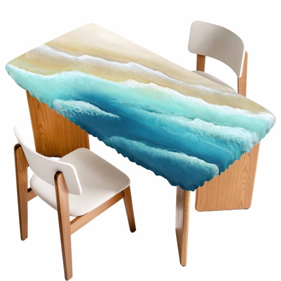 Teal Ombre Ocean Table Cloths for 3 Foot Rectangle Tables, Summer Beach Coastal Waves Gradient Patio Waterproof Elastic Fitted Tablecloths, Washable Rectangular Table Cover for Camping